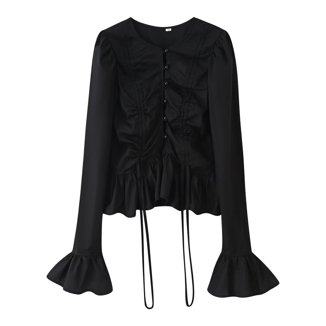Damen Rüschenbluse mit Kordelzug‑Frontraffung, Volant‑Saum und Glockenärmeln Echo Archiv