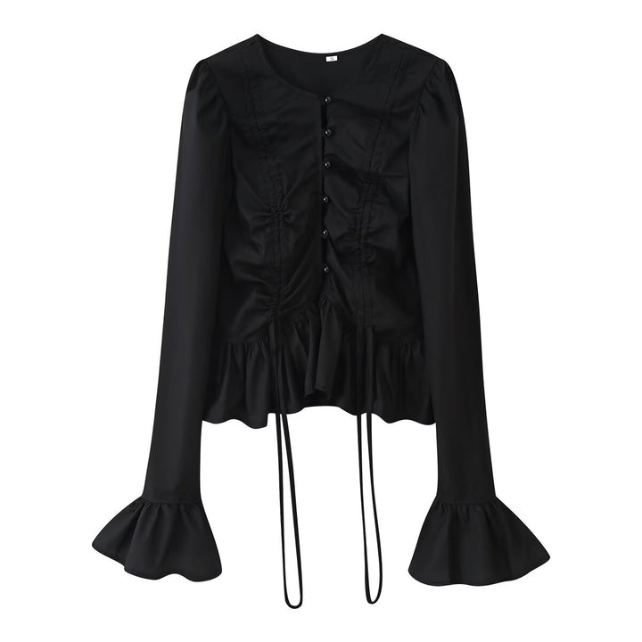 Damen Rüschenbluse mit Kordelzug‑Frontraffung, Volant‑Saum und Glockenärmeln Echo Archiv