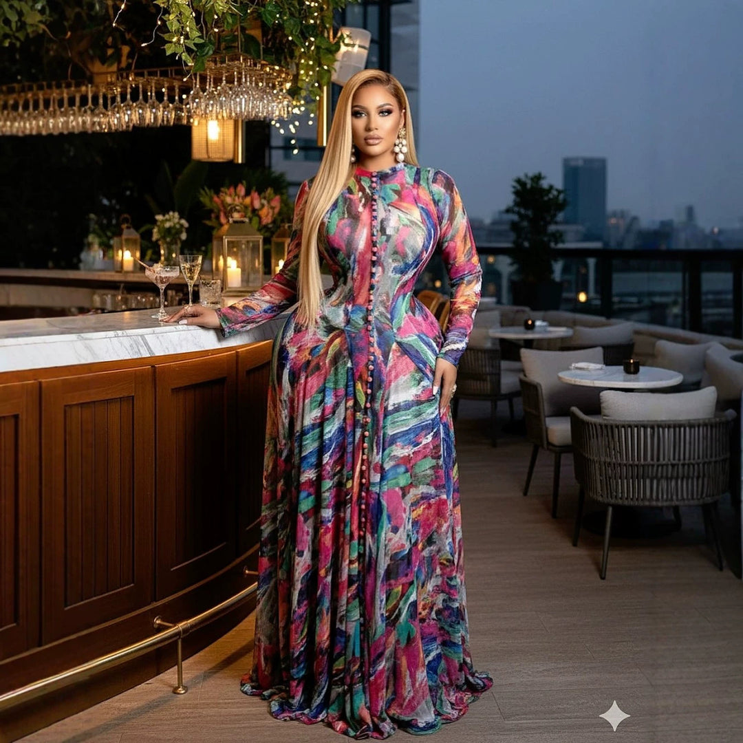 Damen Elegantes Maxikleid mit strukturiertem grafischem Design Echo Archiv