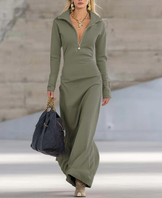 Damen Elegantes Jersey-Maxi-Kleid mit Halbzip-Kragen, taillierter Silhouette und fließendem Rock – Élara