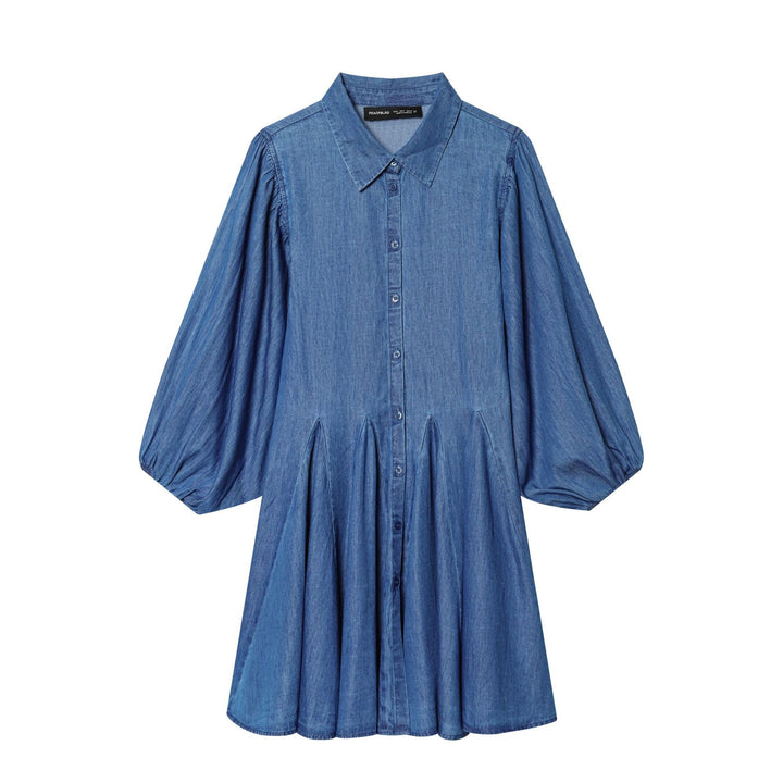Damen weites Hemdkleid im Chambray‑Look mit Ballonärmeln und Taillenfalten – Lunéa