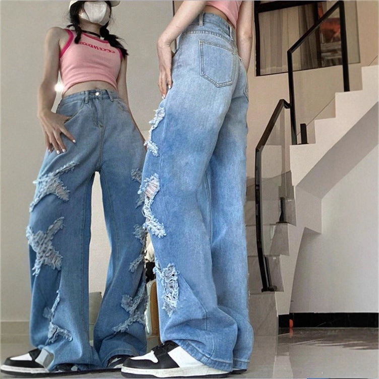 Damen Weite Denim-Jeans im Baggy-Stil mit dekorativen Fransenstern-Applikationen Echo Archiv