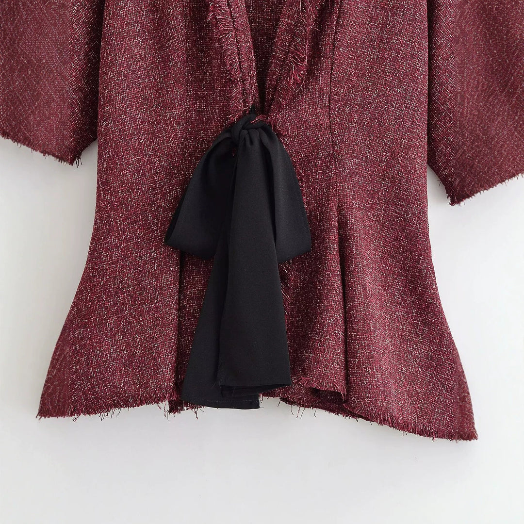 Damen Tweed-Kimonojacke mit Fransenbesatz und dekorativem Bindeschal Echo Archiv