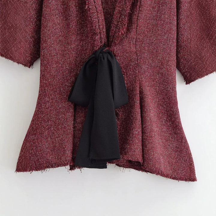 Damen Tweed-Kimonojacke mit Fransenbesatz und dekorativem Bindeschal Echo Archiv