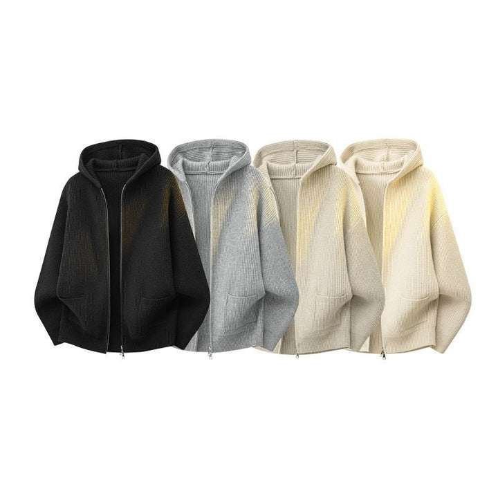 Damen Kuschelige Oversize-Rippstrick-Kapuzenjacke mit Zwei-Wege-Reißverschluss & aufgesetzten Taschen Echoarchiv