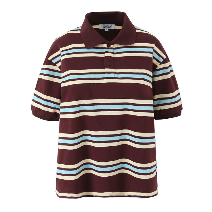 Damen Lässiges Langarm-Poloshirt mit Streifenmuster und Rippbündchen Echo Archiv