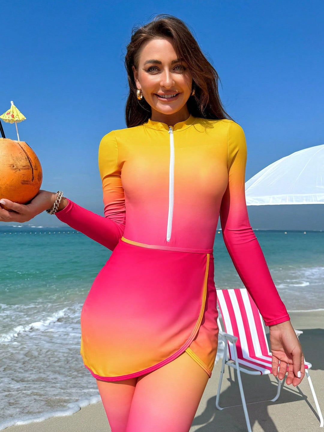 Damen sportlicher Rashguard mit Reißverschluss und elegantem Wickeldetail Echo Archiv