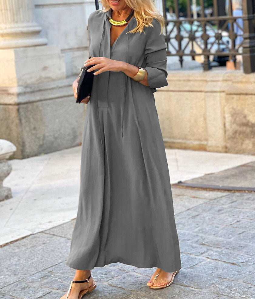 Damen Maxikleid mit V-Ausschnitt, Langärmelig, lockere A-Linien‑Silhouette und Kordelzug – Valéora