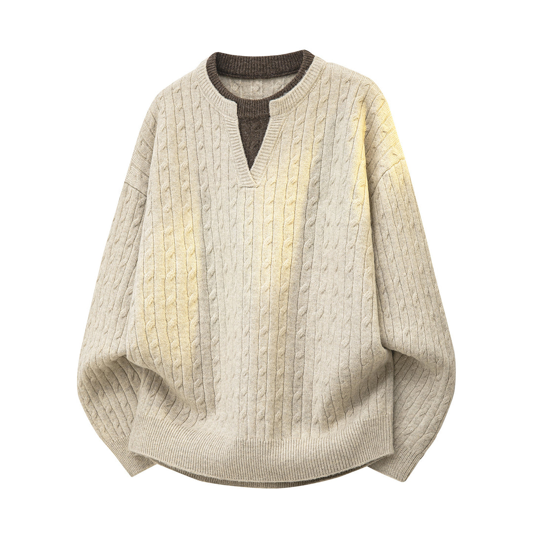 Damen Oversize Zopfstrick-Pullover mit V‑Ausschnitt und Lagenkragen Echoarchiv