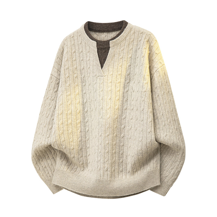 Damen Oversize Zopfstrick-Pullover mit V‑Ausschnitt und Lagenkragen Echoarchiv