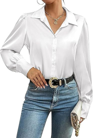 Damen Seidenoptik-Bluse mit Hemdkragen, verdeckter Knopfleiste und langen Manschetten – Élovi