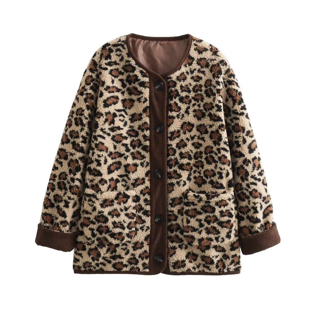 Damen Teddyjacke mit Leopardenprint, Cordbesatz und Knopfverschluss Echo Archiv