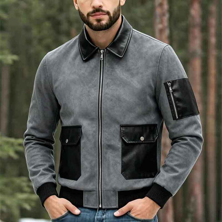 Herren Modische Lederjacke mit hohem Kragen und praktischen Taschen Echo Archiv