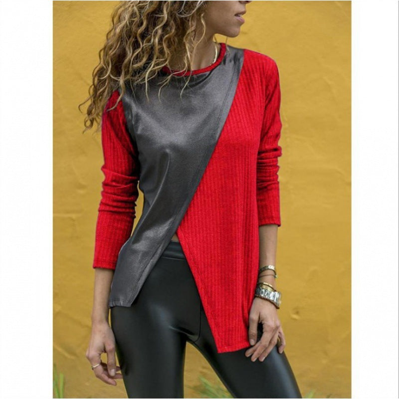 Damen Asymmetrisches Longsleeve mit Lederoptik‑Overlay und Rippstrick – Avérine