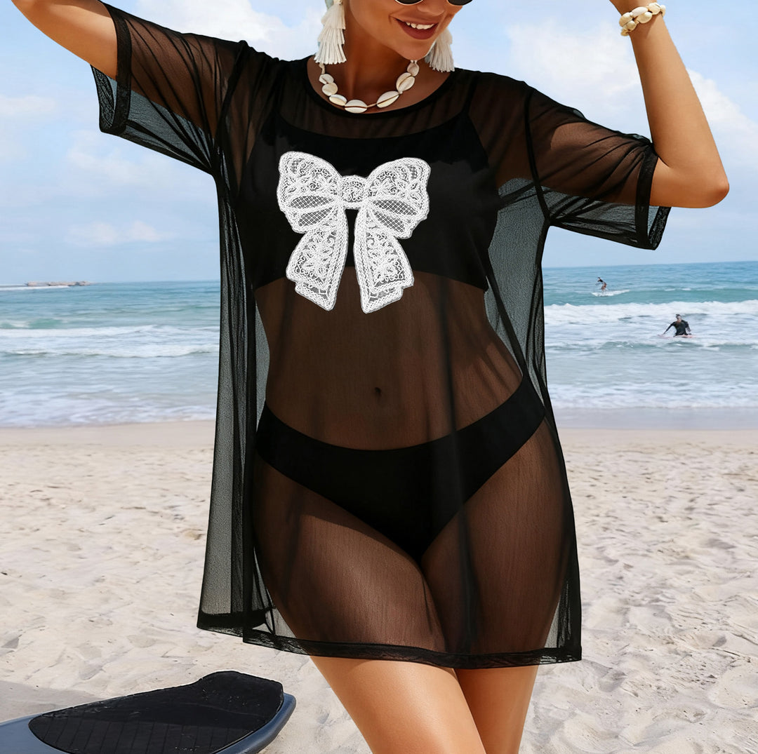 Damen transparenter Strandüberwurf mit filigranem Spitzenmuster Echo Archiv