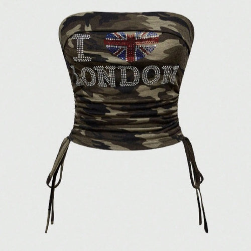 Damen Bustier-Oberteil mit Camouflage-Muster und Strass-Applikationen Echo Archiv