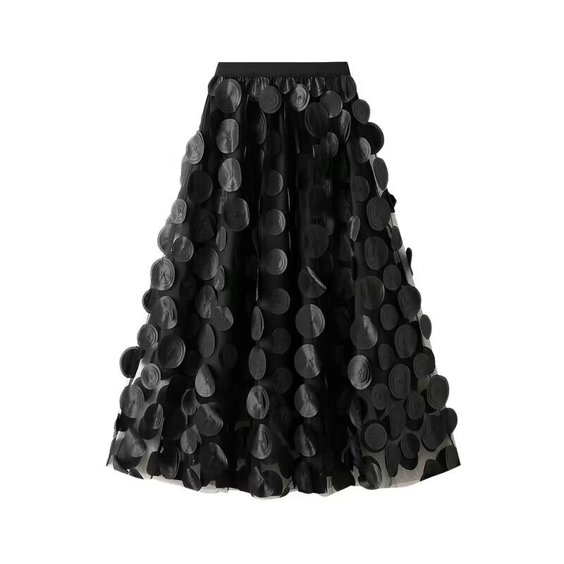 Damen nan ausgestellter Midirock mit transparenten 3D-Aufnähern und elastischem Bund Echo Archiv