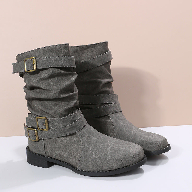 Damen nan lässige knöchelhohe Stiefelette mit gerafftem Schaft, dekorativen Schnallenriemen und flexibler Profilsohle Echo Archiv