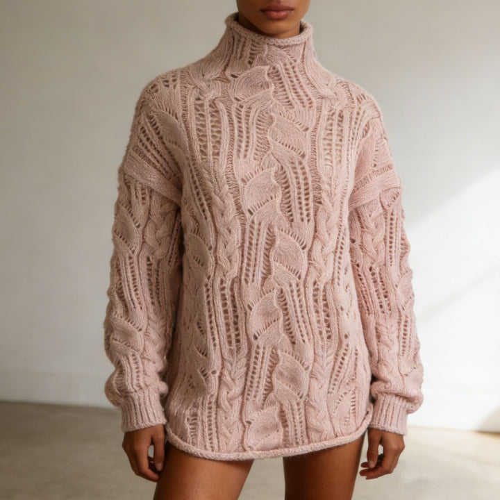Damen Oversize Rollkragenpullover mit Ajour‑Zopfmuster – Mavelle