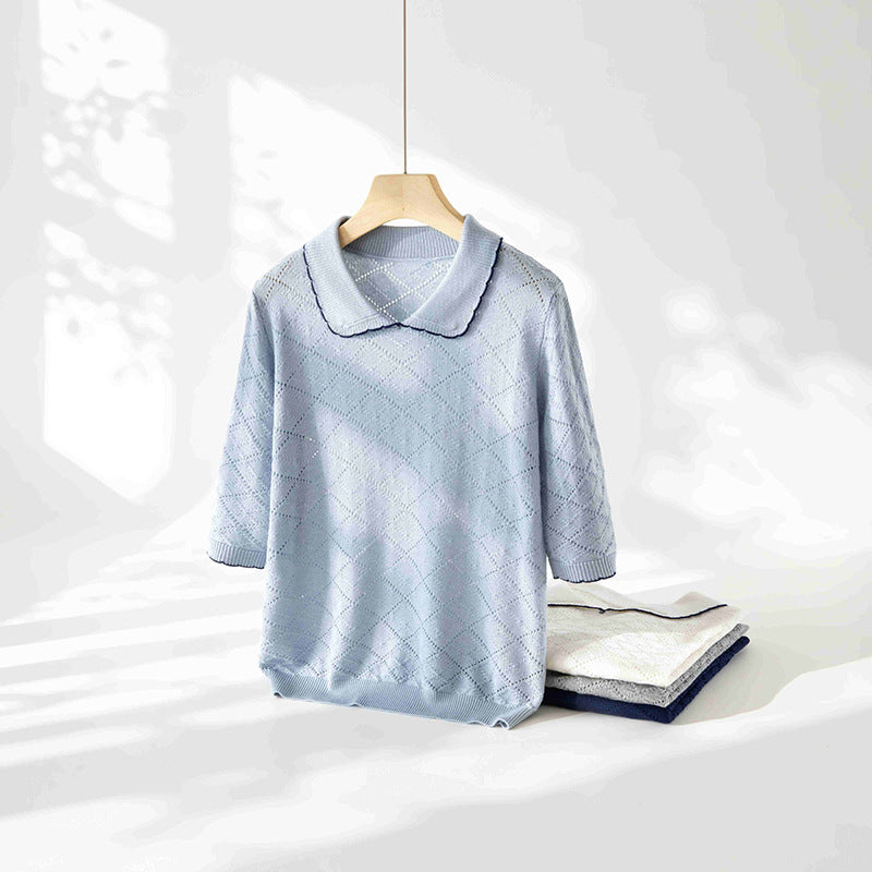 Damen Kurzarm-Feinstrickpullover mit Peter-Pan-Kragen, Ajour-Diamantmuster und feiner Kontrastkante Echo Archiv