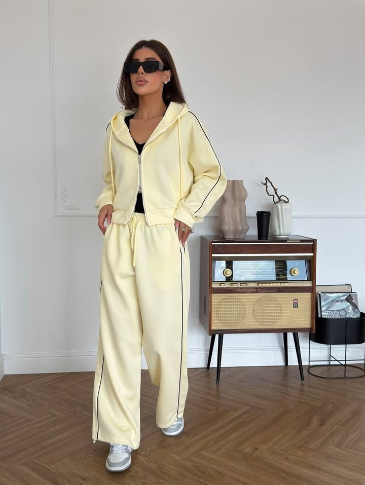 Damen Lässiges zweiteiliges Lounge-Set mit oversized Zipjacke und weitem Kordelzug-Hosenbund – Élanora