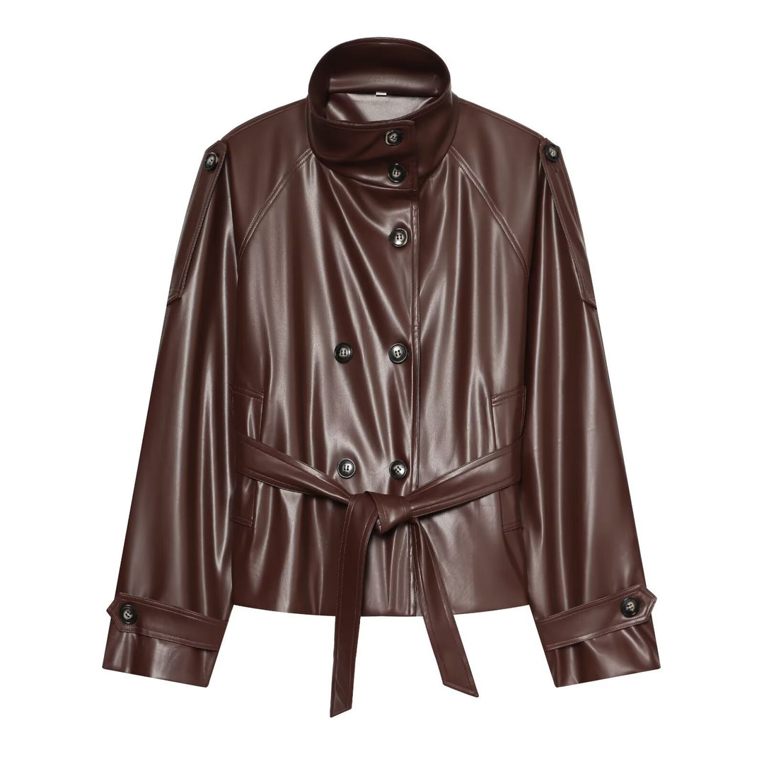 Damen Kurzer Trench‑Blouson in Lederoptik mit Taillengürtel, hohem Stehkragen und doppelter Knopfleiste Echo Archiv