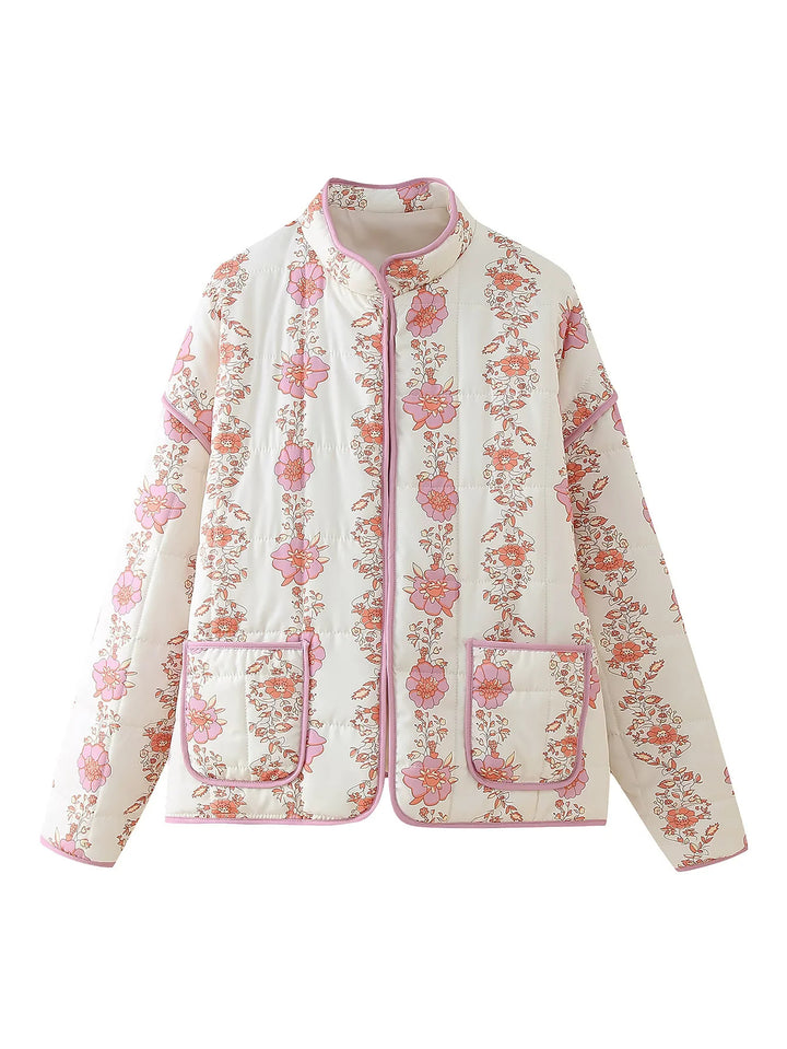 Damen gesteppte Blumenjacke mit Stehkragen Reißverschluss und aufgesetzten Taschen – Célinea