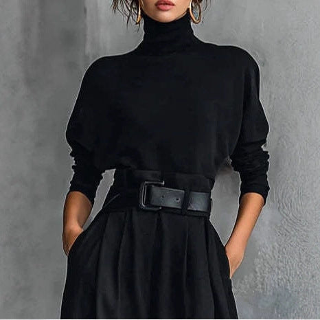 Damen nan elegante hochgeschnittene Plisseehose mit weitem Bein und Rollkragen-Feinstricktop Echo Archiv