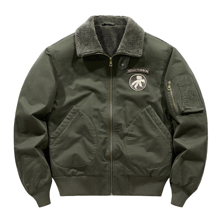 Men's shearling-collar aviator bomber jacket with utility sleeve pocket – Brevano
