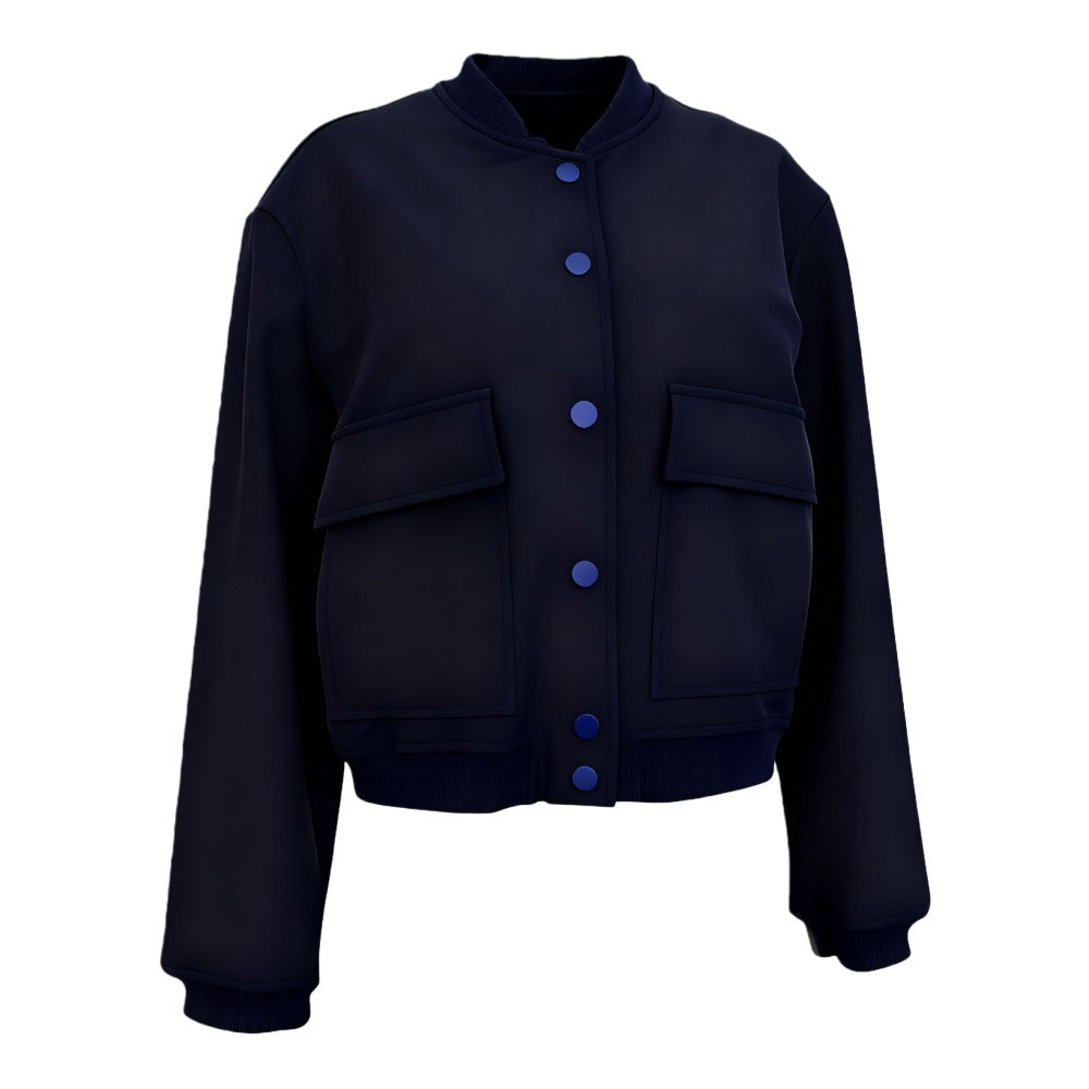 Damen Kurz geschnittene Utility-Jacke mit Stehkragen, Druckknöpfen und Pattentaschen – Célinea