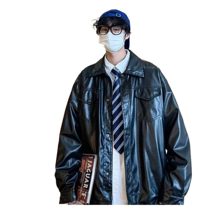 Herren Oversized Kunstleder-Hemdenjacke im Boxy-Look mit Pattentaschen und Druckknopfleiste Echoarchiv