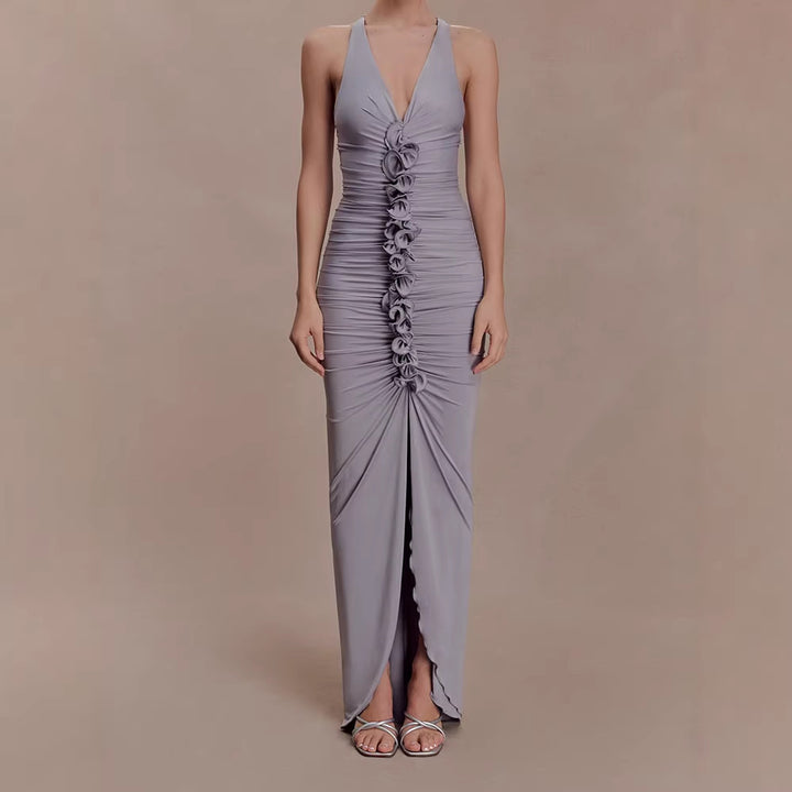 Damen Hochwertiges Abendkleid mit tiefem V-Ausschnitt und Raffungen Echo Archiv