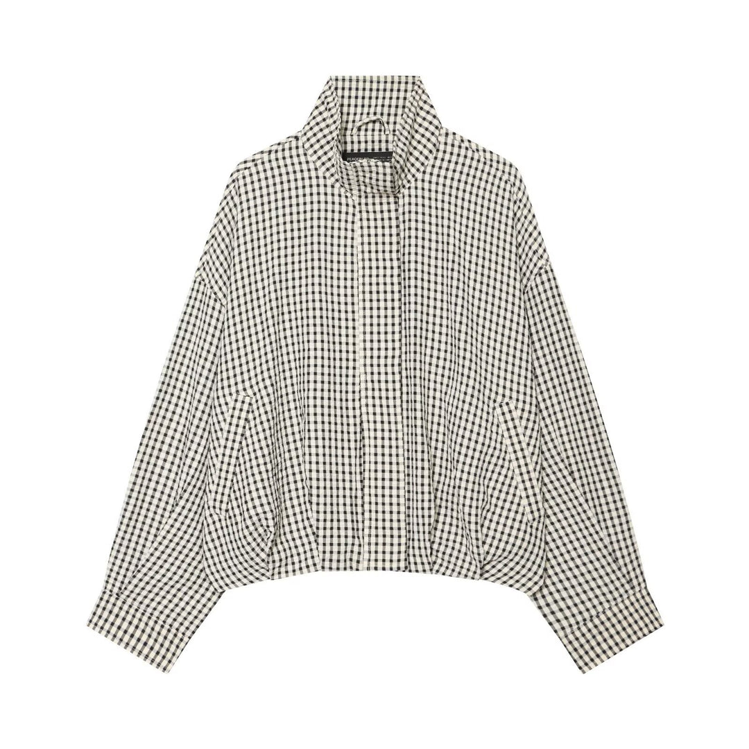 Damen Oversized Karo‑Jacke mit Stehkragen und gerafftem Saum Echo Archiv