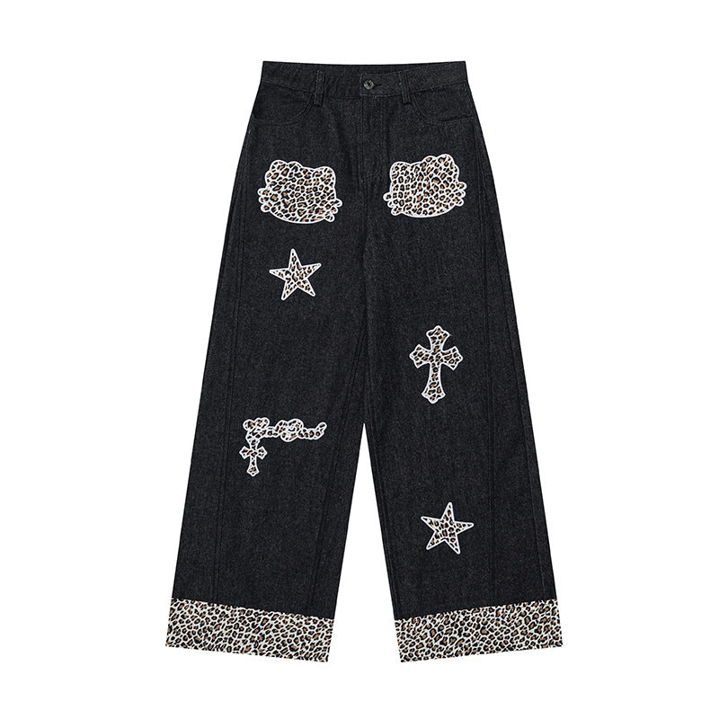 Damen Weite Highwaist Denim-Palazzohose mit Leoparden-Besatz und Applikationsstickerei Echoarchiv