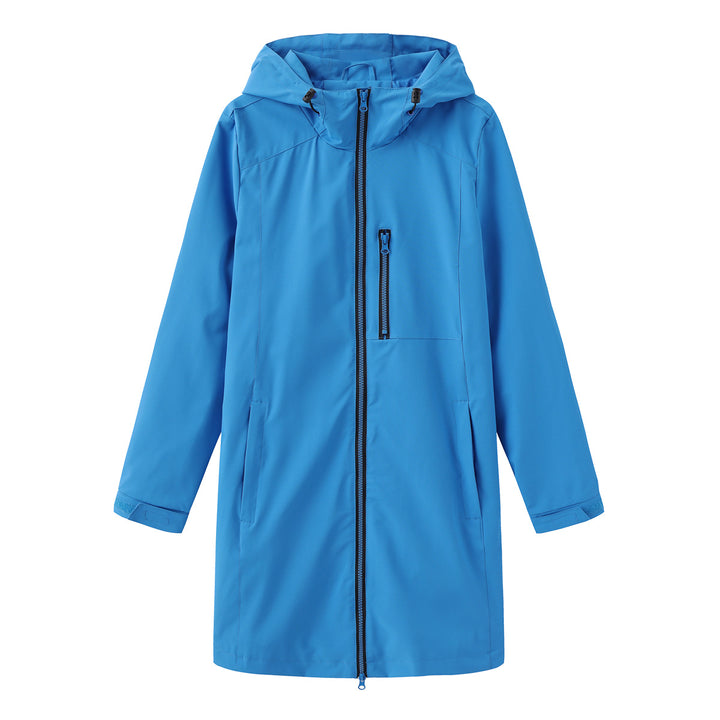 Damen nan lange schlanke Funktionsregenjacke mit durchgehendem Reißverschluss Brustreißverschlusstasche und Klettmanschetten Echo Archiv