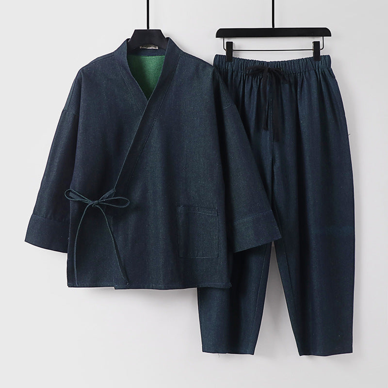 Unisex Lässiges Denim-Kimono-Set mit kurzarm Jacke, Bindeband und elastischer Bundhose Echoarchiv