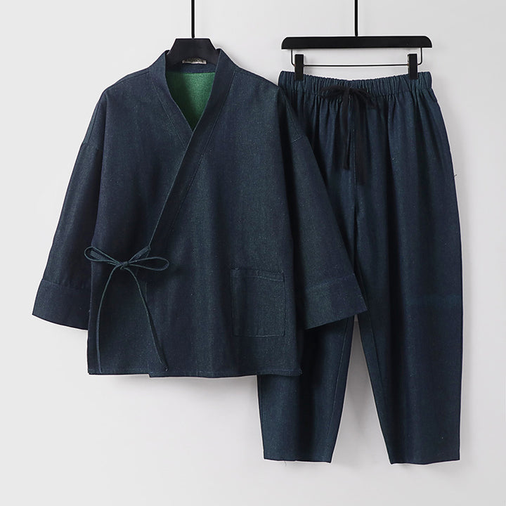 Unisex Lässiges Denim-Kimono-Set mit kurzarm Jacke, Bindeband und elastischer Bundhose Echoarchiv