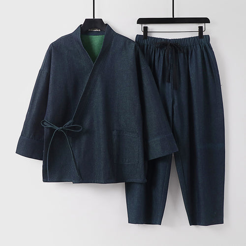 Unisex Lässiges Denim-Kimono-Set mit kurzarm Jacke, Bindeband und elastischer Bundhose Echoarchiv