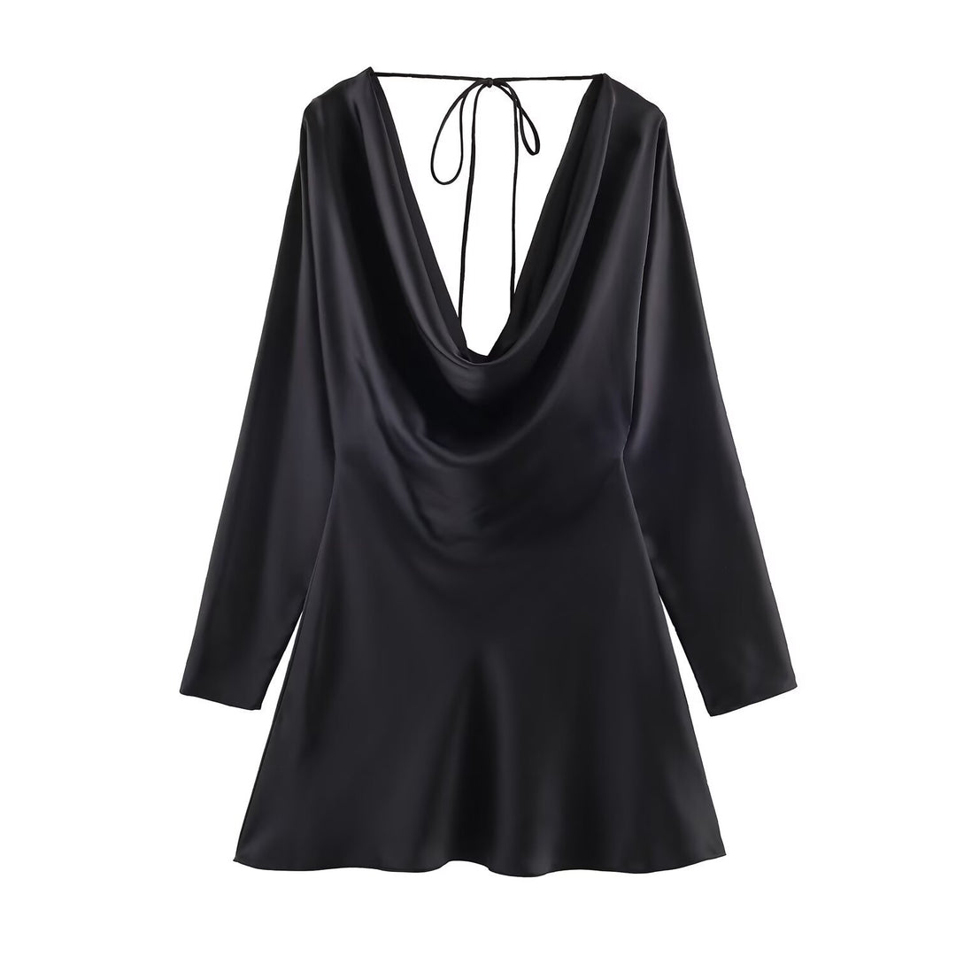 Damen Kurzes Satin-Minikleid mit tiefem Wasserfall‑Rücken, V‑Ausschnitt vorne und langen Ärmeln Echoarchiv