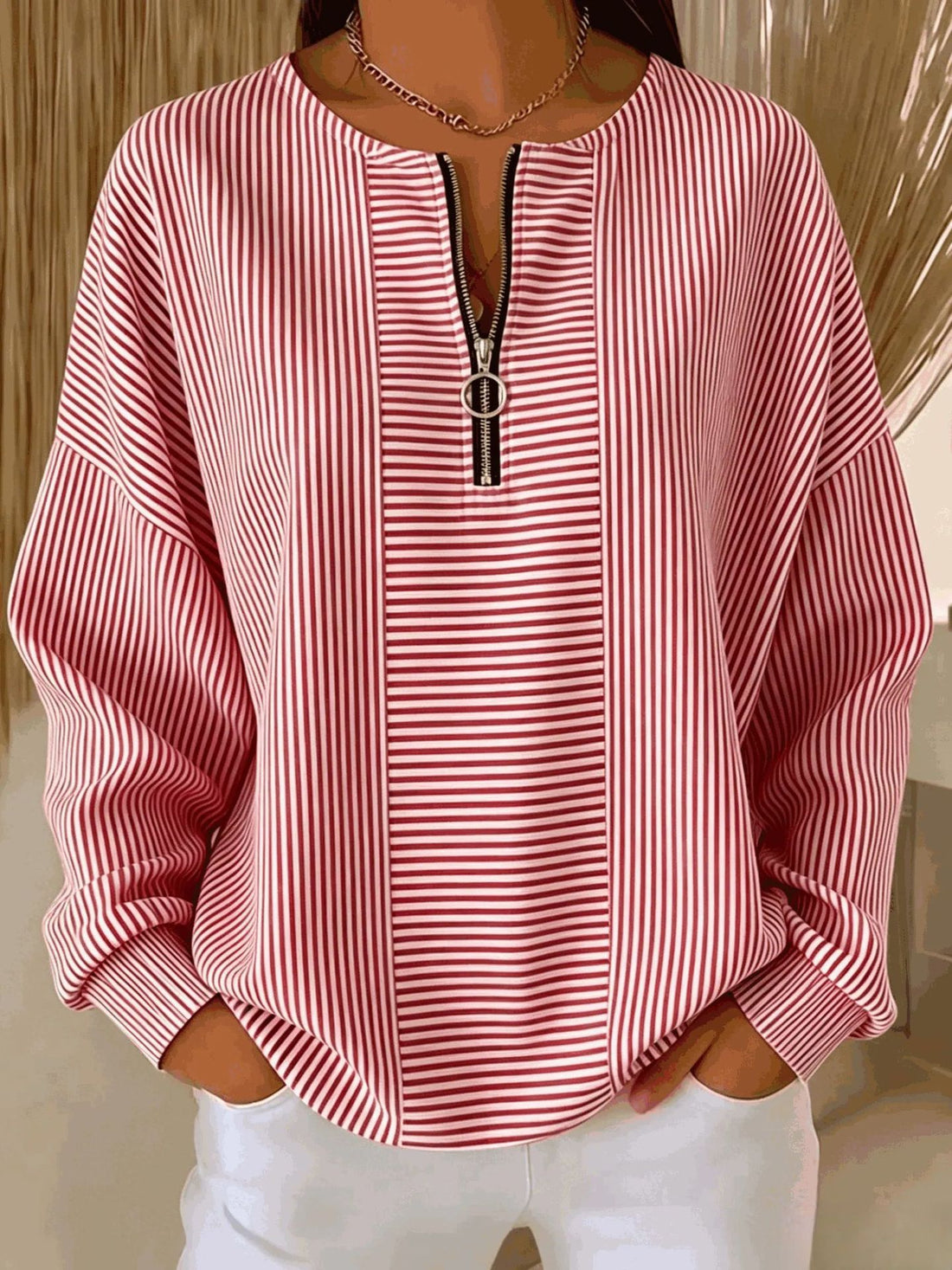 Damen Oversize Pullover mit feiner Rippstruktur und kurzem Zipper Echo Archiv