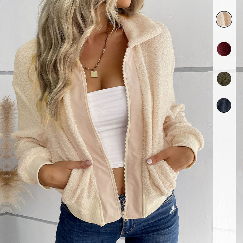 Damen Teddyjacke mit Reißverschluss, Stehkragen und Rippbündchen Echoarchiv