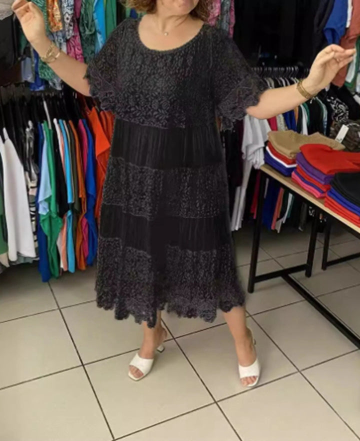Damen nan mehrlagiges Spitzen-Midikleid mit plissierten Einsätzen und Volantärmeln Echo Archiv
