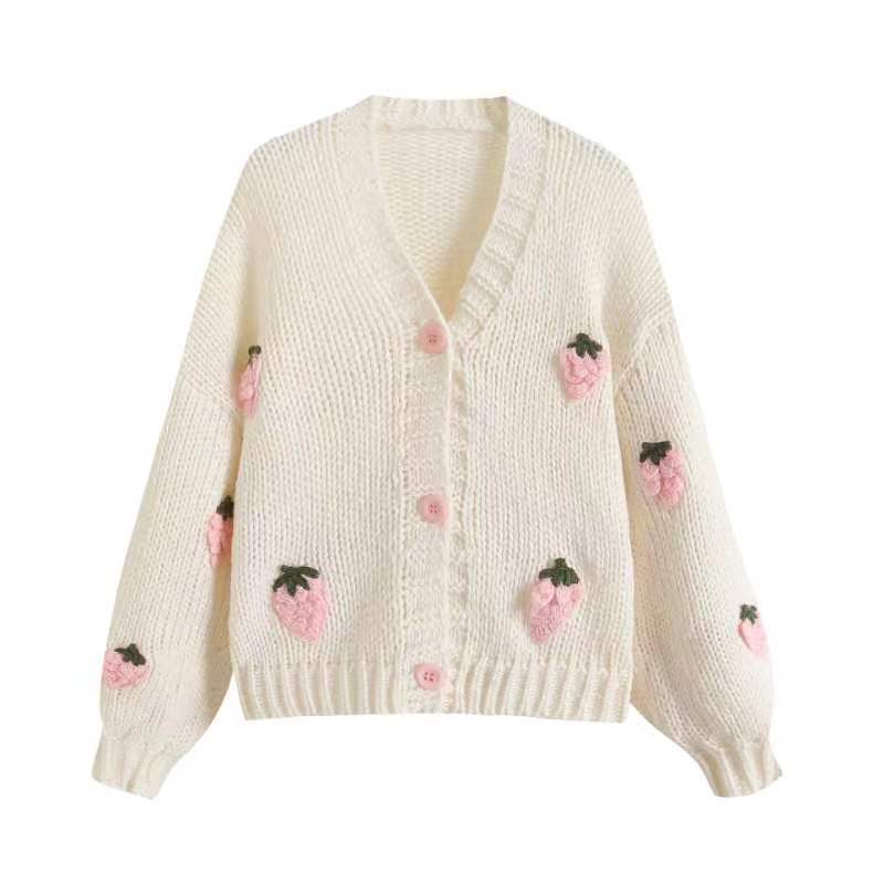 Damen Kurzcardigan mit Erdbeer-Applikationen und grobem Strick – Veloura