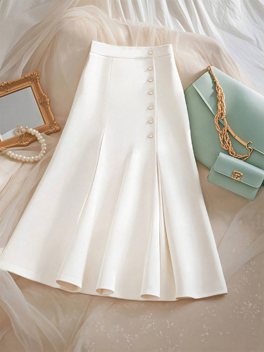 Damen Eleganter Midirock mit Knopfdetails und schwingendem Saum Echo Archiv
