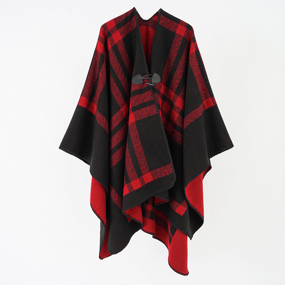Damen Reversibler Wollmix-Poncho mit Knebelverschluss und Karomuster Echo Archiv