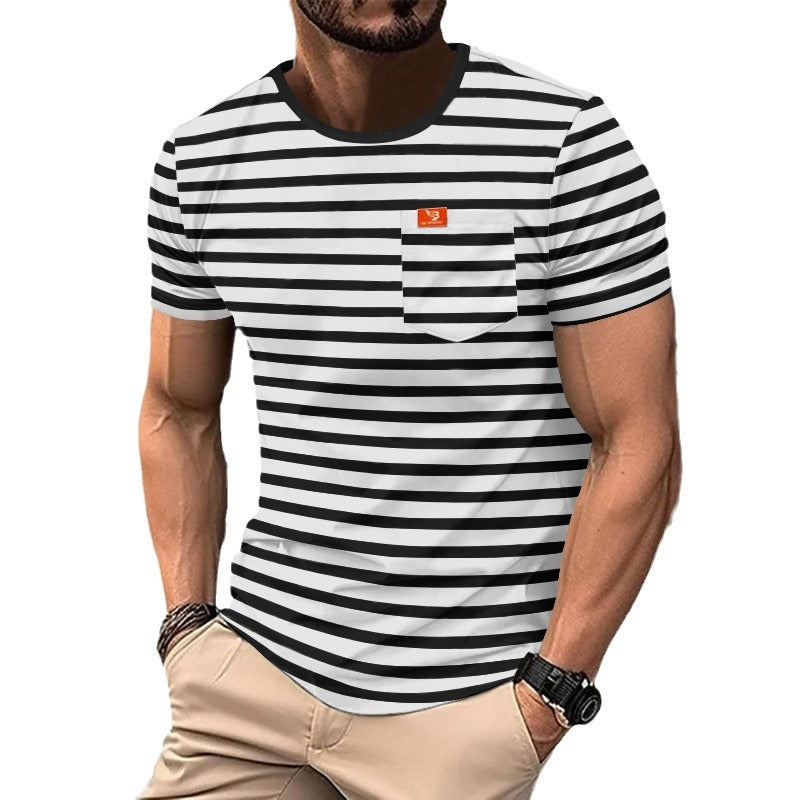 Herren nan lässiges gestreiftes Baumwoll-Jersey T-Shirt mit Rundhalsausschnitt und unaufdringlichem Logo-Patch Echo Archiv