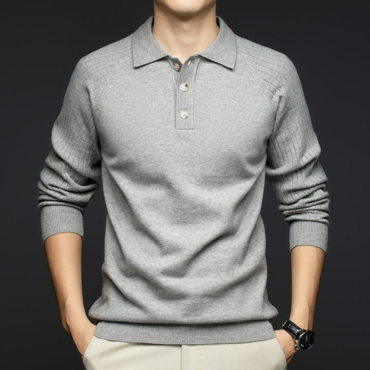Herren eleganter Strickpullover mit Henley-Kragen und feiner Struktur Echoarchiv