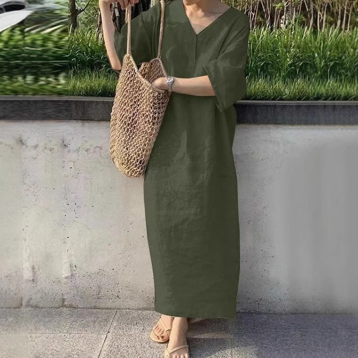 Damen lässiges Leinen-Midikleid mit V-Ausschnitt und weit geschnittenen Ärmeln Echo Archiv
