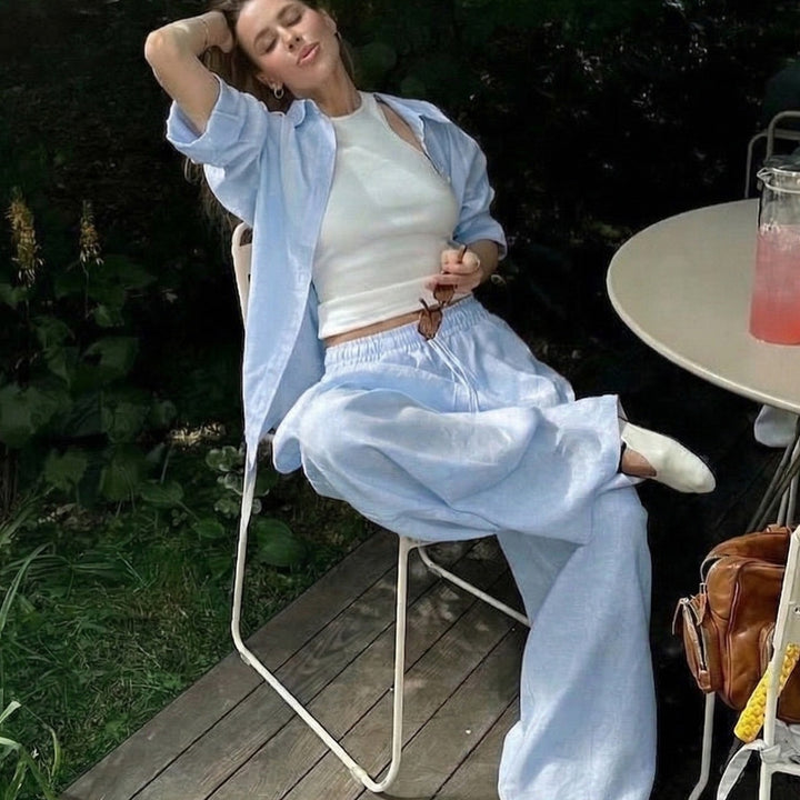 Damen nan luftiges Leinen-Loungeset mit Oversize-Hemd und weiter Bundhose mit Gummizug Echo Archiv