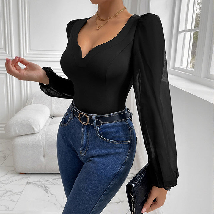 Damen Eleganter Bodys mit V-Ausschnitt und Puffärmeln Echo Archiv